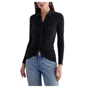 Express Ruched Long Sleeve Button Up Polo Collared Top Black Size Medium NWT